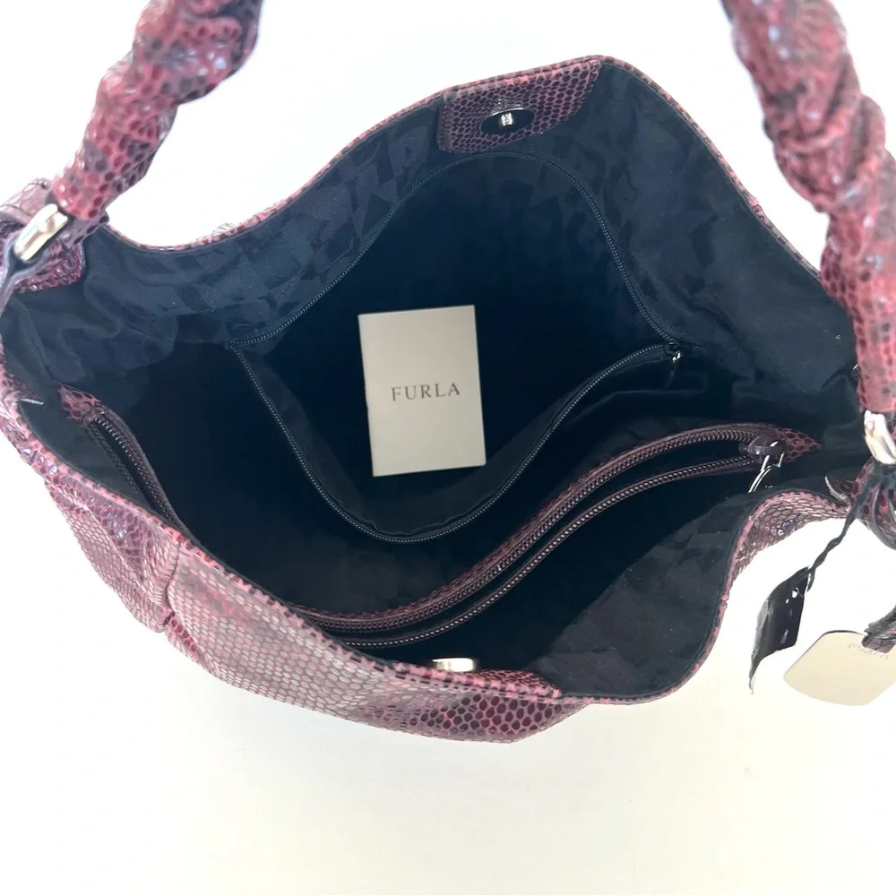 FURLA NEW Burgundy Snake Python Embossed Leather Single Handle Hobo Shoulder Bag - Picture 13 of 16